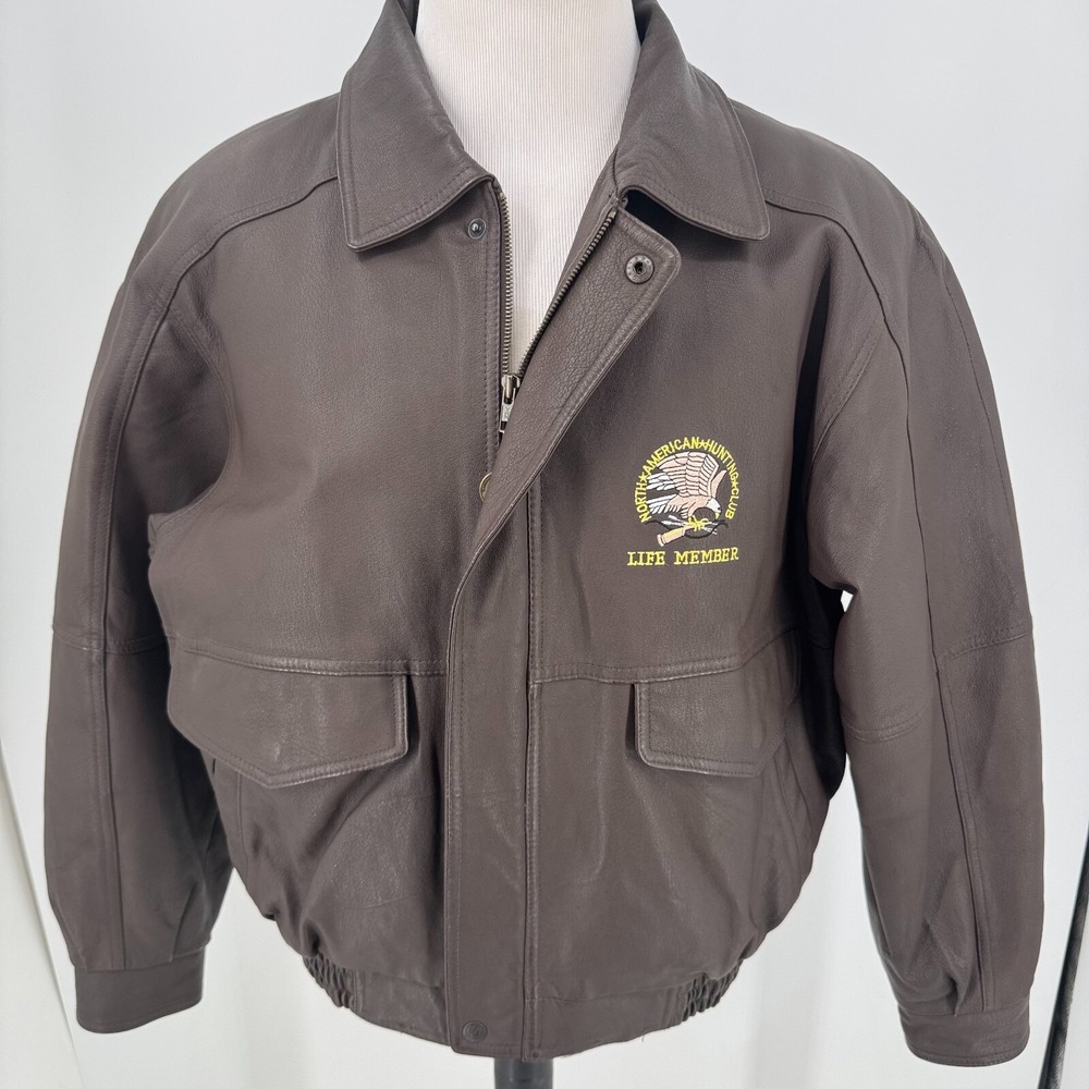 North American Hunting Club Life Member Coat MENS Brown Leather Full Zip SIZE L